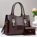 Burgundy lizard texture tote bag set with glossy patent leather and shoulder strap - Coffee