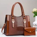 Ensemble sac à main marron effet lézard avec pochette assortie et détails dorés - Jaune Terre