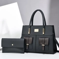 Minimalist black tote bag set with brown contrast pockets and matching clutch purse - Black