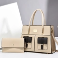 Beige tote bag with brown pockets and matching clutch set shown from a side angle view - Pink