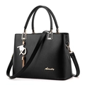 Solid black PU leather tote bag with gold logo and tassel charm for women - Black