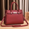 Red lychee pattern leather tote bag with gold hardware and removable shoulder strap - Red
