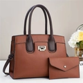Caramel lychee grain leather tote bag set with metal twist lock and matching envelope pouch - Khaki/Earth Yellow