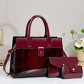 Three-piece burgundy snakeskin patchwork handbag set with glossy finish and gold hardware - Snake Pattern 3-Piece Set / Burgundy
