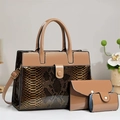 Brown faux leather handbag set with snakeskin pattern including a tote, wallet, and card holder - Snake Pattern 3-Piece Set / Khaki