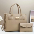 Close-up of litchi grain faux leather handbag with metal turn-lock and small pouch - Khaki