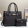Classic black pebbled leather tote bag set with gold twist lock and matching pouch - Black