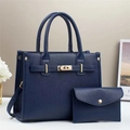 Navy blue lychee leather tote bag set with golden turn-lock and small envelope pouch - Blue Gold