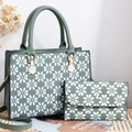 Morandi green tote bag set with white daisy floral embroidery and matching long wallet - Printed Green