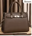 Structured brown litchi pattern leather tote bag with metal lock and shoulder strap - Brown