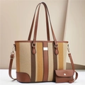 Set borse tote minimaliste in tela con trama a righe e tracolla regolabile donna - Cachi
