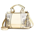 Golden metallic faux leather handbag with floral embroidery and crossbody strap for women - Double-Sided Embroidered Gold