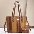 Set borsa tote a righe in tela con manici in pelle marrone e dettagli metallici lucidi - Giallo Terra