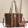Chic tricolor striped canvas tote bag with matching pouch and adjustable brown strap - Coffee