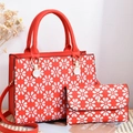 Red faux leather tote bag set with white daisy embroidery and matching small pouch - Printed Red