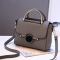 Chic grey lychee leather square handbag with a round metal clasp and gold top handle - Dark Gray