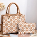 Camel embroidered tote bag with white daisy print and matching envelope wallet set - Printed Khaki