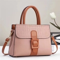 Elegant rose pink and brown stone patterned leather handbag with wide gold buckle accent - Pink