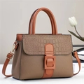 Brown textured leather handbag with crocodile pattern flap and gold hardware accents - Khaki