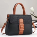 Contrast stitching leather shoulder bag with lychee and crocodile texture details - Black