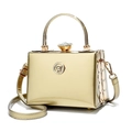 Elegant gold metallic evening bag with crystal buckle and round top handle - Mirror Patent Style / Gold