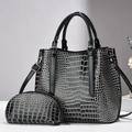 Glossy black crocodile pattern tote bag set with matching pouch and silver hardware - Black