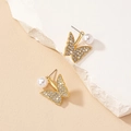 Elegant gold butterfly earrings with sparkling crystals and hanging pearls for women - Butterfly (E028)