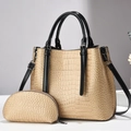 Elegant gold faux-crocodile tote bag set with black patent leather straps and coin purse - Gold