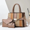 Ensemble de sacs 3 pièces avec rayures contrastées et texture en similicuir pour femme - Sac Fourre-tout et Pochette Enveloppe et Porte-cartes / Kaki