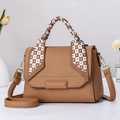 Brown lychee leather handbag with heart pattern silk scarf and golden hardware detail - Nut Apricot