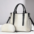 Macro view of white crocodile pattern tote bag with matching zippered pouch and silver hardware - White