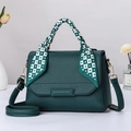 Dark green litchi leather handbag with silk scarf handle and adjustable strap - Forest Green