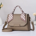 Chic khaki pebbled leather handbag with silk scarf handle and adjustable strap - Dark Milk Tea