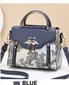 Contrast stitching blue genuine leather handbag with paisley pattern and swan buckle - Blue