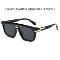 Flat rectangle black frame sunglasses with dark grey lenses and gold metal accents - Black Frame Black Grey Lens