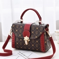 Brown monogram small square bag with red woven sides and cute bear patterns - Money Bag Style Wine Red