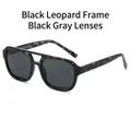 Retro double-bridge pilot sunglasses in black leopard tortoise frame with dark grey lenses - Black Leopard Frame Gray Lens