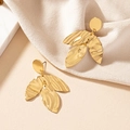 Golden leaf drop earrings with hammered texture and multi-layer metallic design - Gold (E40)
