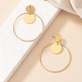 Minimalist gold oversized hoop earrings with disc pendant on white marble surface - E9-Circle / Gold