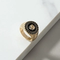Golden lion head signet ring with black enamel inlay and chain textured edges - Black