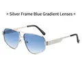 Silver metal aviator sunglasses with blue gradient lenses and diamond-patterned bridge - Silver Frame Double Blue Lens
