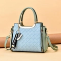 Woven light blue leather handbag with green trim and detachable long shoulder strap - Green