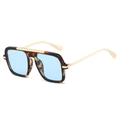 Square tortoise shell aviator sunglasses with gold top bar and light blue lenses - Leopard Frame Blue Lens