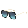 Classic aviator square sunglasses with black frames, gold temples, and blue gradient lenses - Black Frame Grey Blue Lens