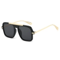 Classic square aviator sunglasses with black frame and golden metal temples - Black Frame Grey Lens