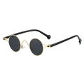 Retro small oval silver metal frame sunglasses with black lenses shown from 45-degree angle - Gold Frame Grey Lens