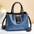 Retro large-capacity faux leather shoulder bag in vintage blue and brown contrast - Blue