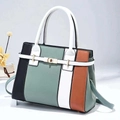 Large capacity color-block leather handbag in black green and white with shoulder strap - Green