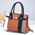 Chic multi-color contrast leather handbag with gold twist lock and shoulder strap - Earthy Yellow