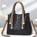Classic black checkered tote bag with brown handles and a detachable shoulder strap - Black